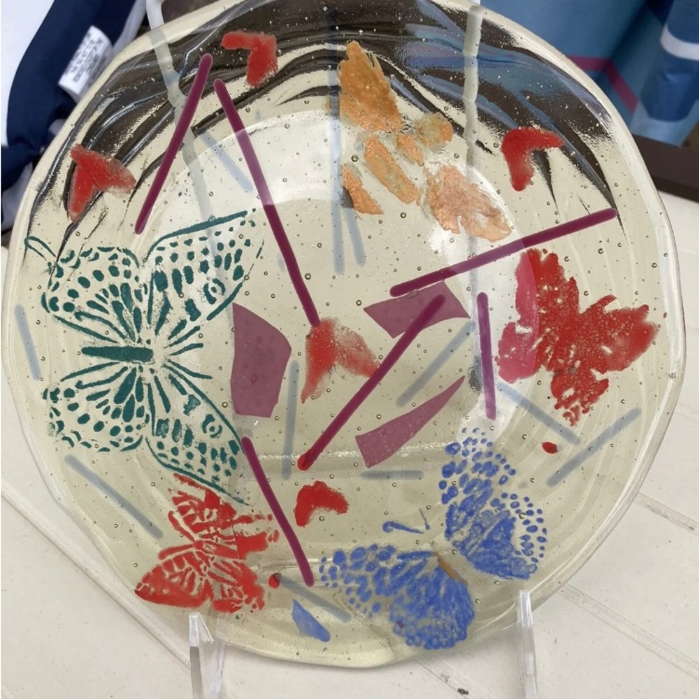 Butterflies “Fused Art Glass Original Handmade 7.5”Bowl Translucent Amber back